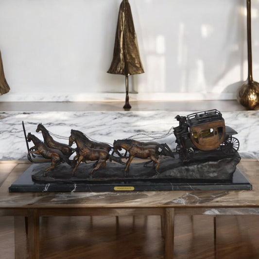 Stagecoach by M. Russell Replica Bronze Statue - Size: 38"L x 10"W x 12"H.