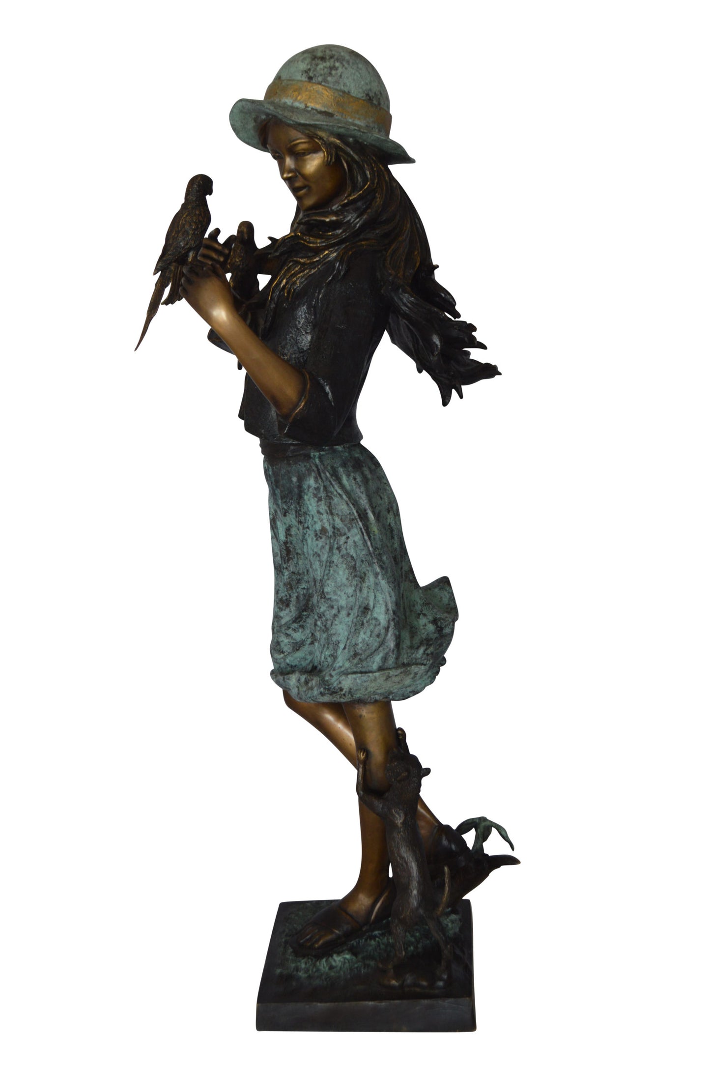 Standing girl with parrots Bronze Statue - Size: 15"L x 16"W x 41"H.