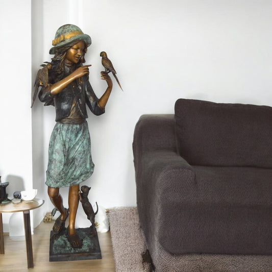 Standing girl with parrots Bronze Statue -  Size: 15"L x 16"W x 41"H.