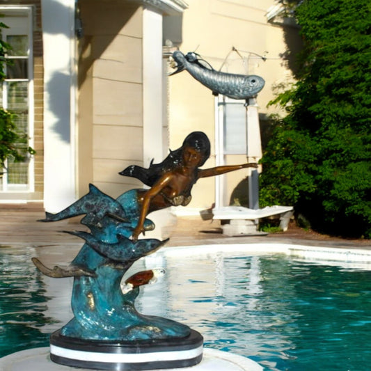 Mermaid w Dolphin and turtle Bronze Statue - Size: 19"L x 9"W x 22"H.