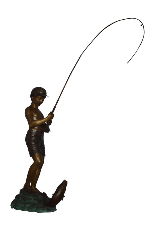 Standing Boy Fishing Fountain Bronze Statue -  Size: 58"L x 25"W x 72"H.