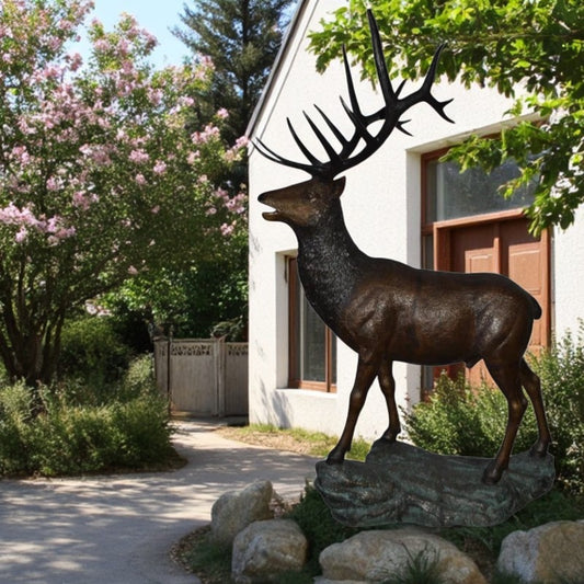 Standing Elk, life size bronze statue - Size: 42"L x 31"W x 77"H.