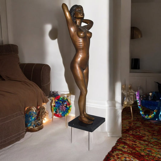 Standing Lady Art Nude Bronze Statue - Size: 9"L x 5"W x 24"H.