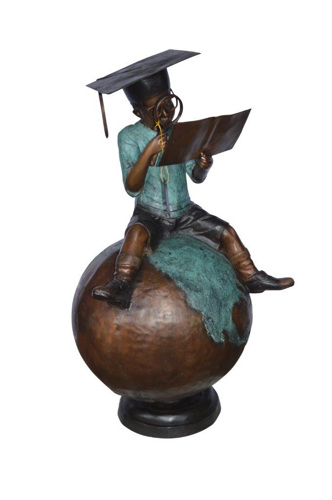 Student learning on top of world bronze statue - Size: 28"L x 24"W x 52"H.