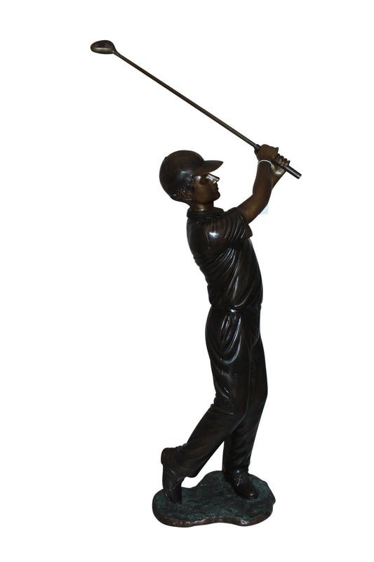 Teen boy plays golf Bronze Statue - Size: 18"L x 13"W x 57"H.