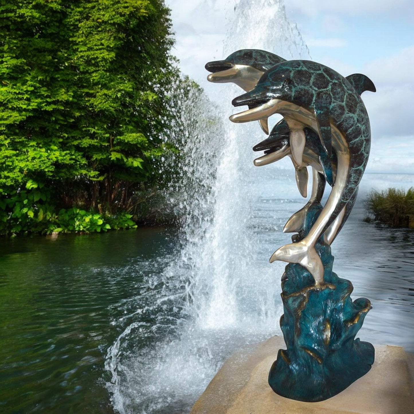 Three Dolphin Fountain  Bronze Statue -  Size: 21"L x 26"W x 45"H.