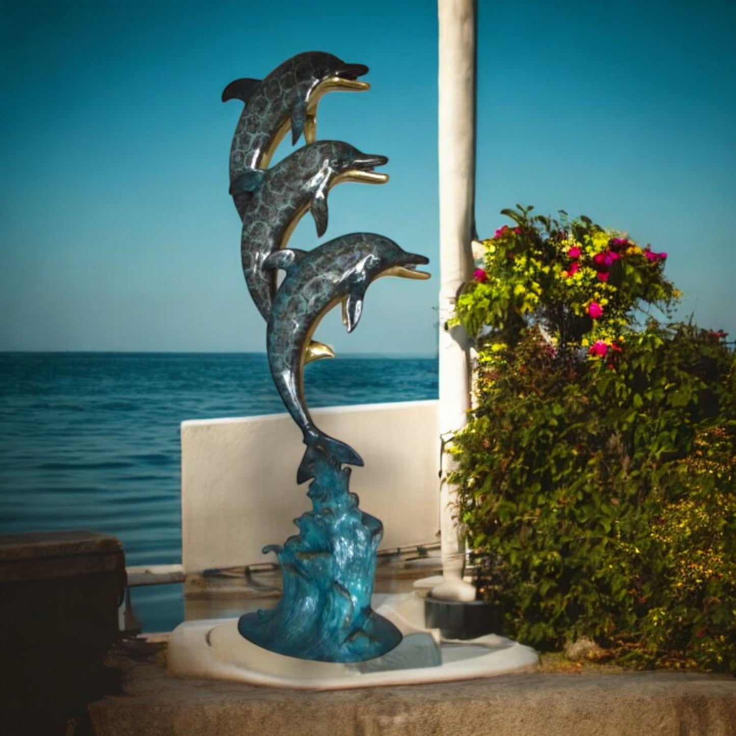 Three Dolphins Overreach Each Other Fountain Bronze Statue - 22"x 15"x 67"H.