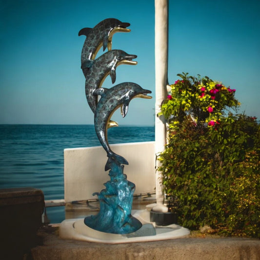 Three Dolphins Overreach Each Other Fountain Bronze Statue - 22"x 15"x 67"H.