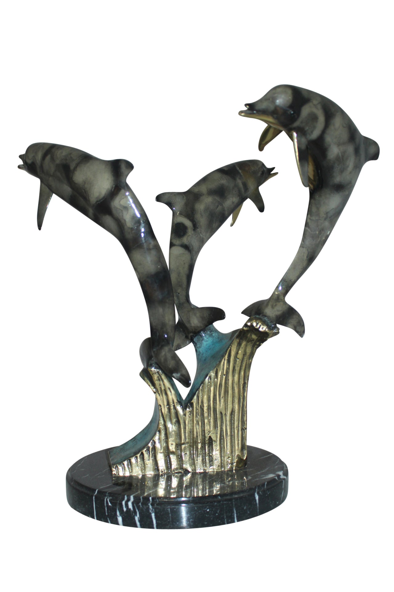 Three Dolphins Table Base Bronze Statue - Size: 20"L x 20"W x 21"H.