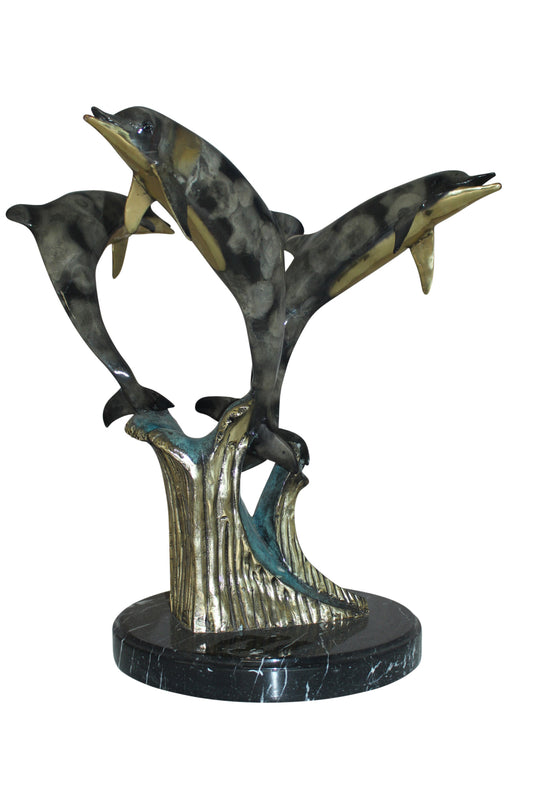 Three Dolphins Table Base Bronze Statue - Size: 20"L x 20"W x 21"H.
