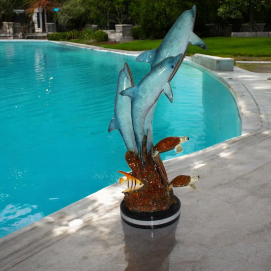Three Dolphins W turtles and fish Bronze Statue - Size: 16"L x 16"W x 40"H.