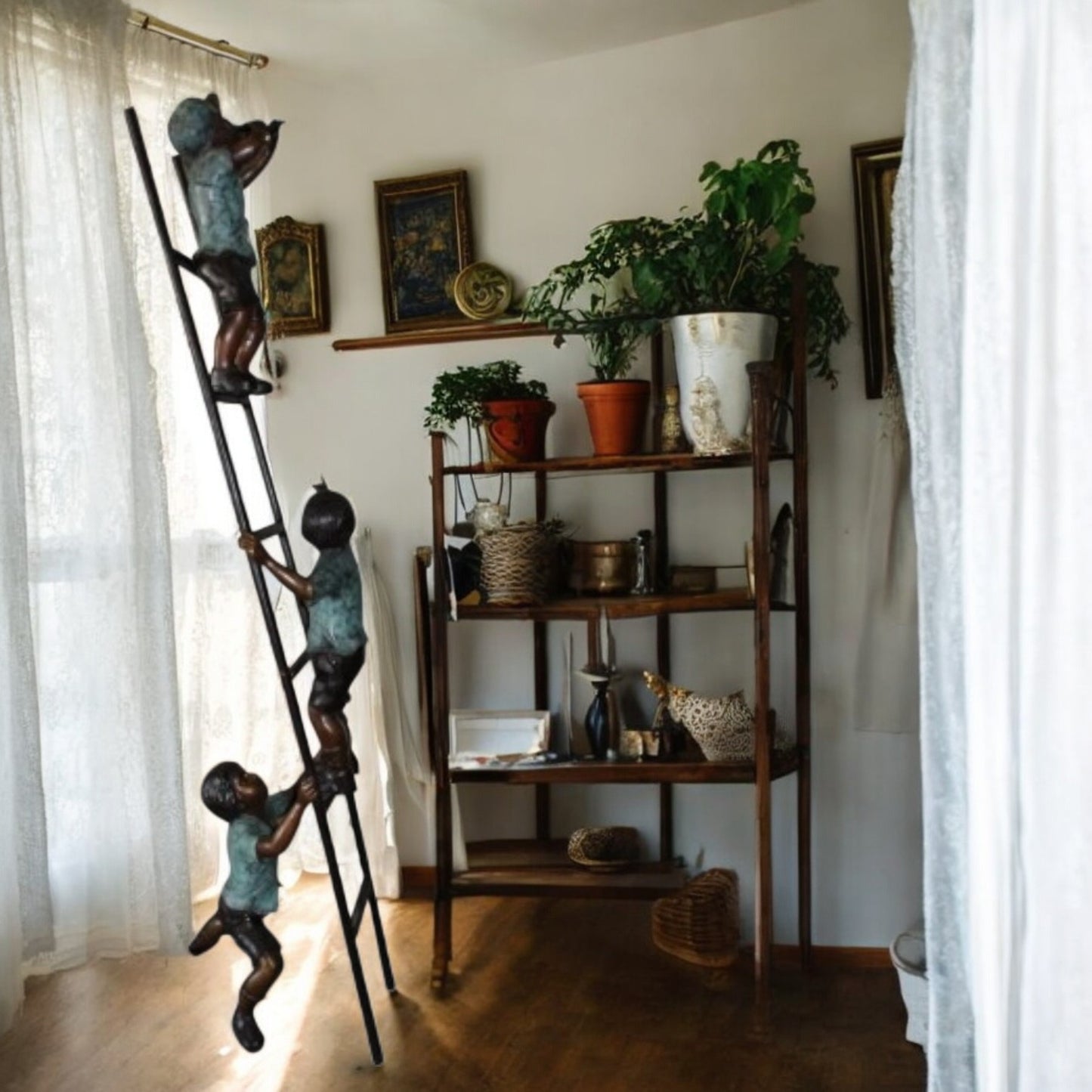 Three kids on a ladder Bronze Statue - Size: 24"L x 22"W x 94"H.