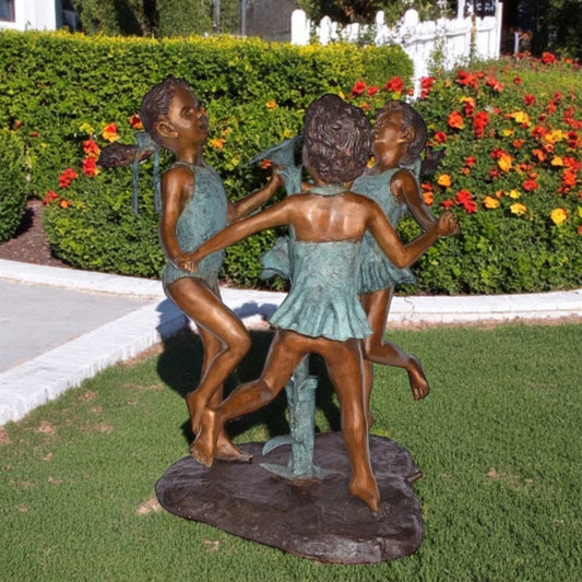 Three Girls Dancing Around Water Fountain Bronze Statue - Size: 35" x 24" x 38"H
