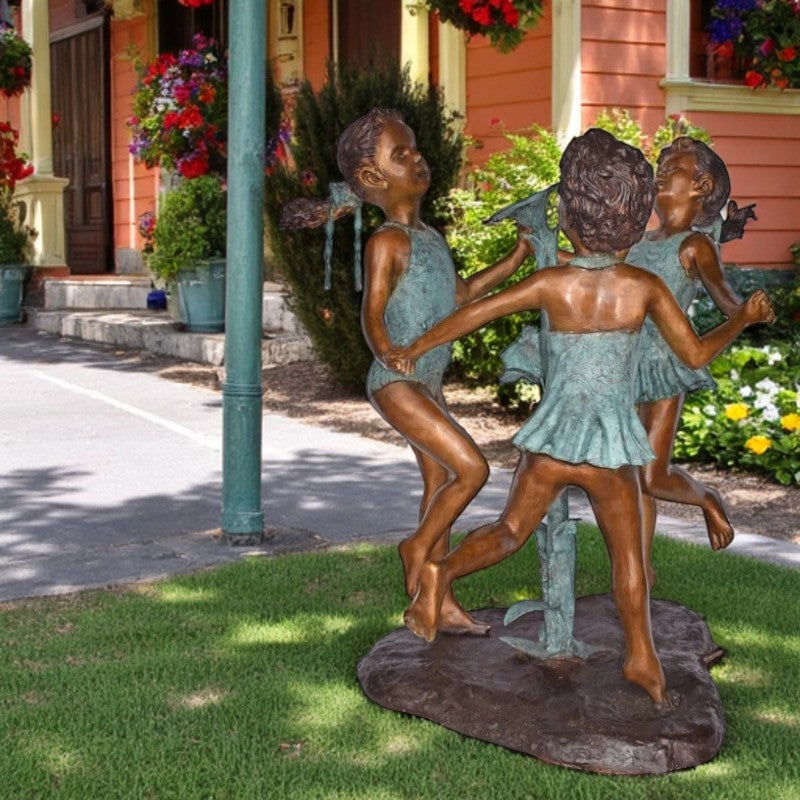 Three Girls Dancing Around Water Fountain Bronze Statue - Size: 35" x 24" x 38"H