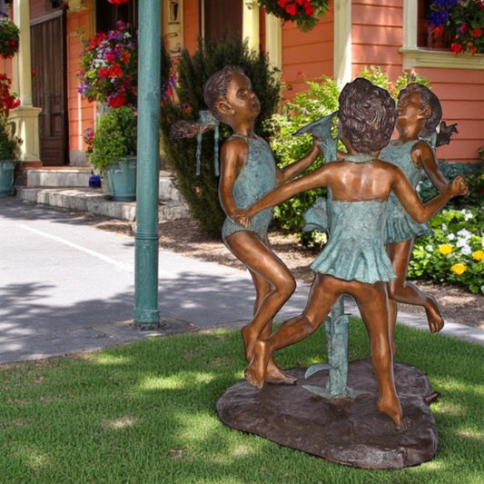 Three Girls Dancing Around Water Fountain Bronze Statue - Size: 35" x 24" x 38"H