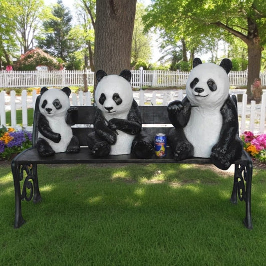 Three Panda Bears Sitting on Bench Bronze Statue - Size: 53"L x 28"W x 36"H.