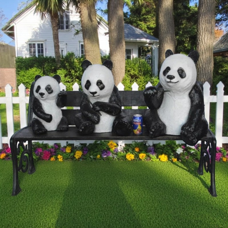 Three Panda Bears Sitting on Bench Bronze Statue -  Size: 53"L x 28"W x 36"H.