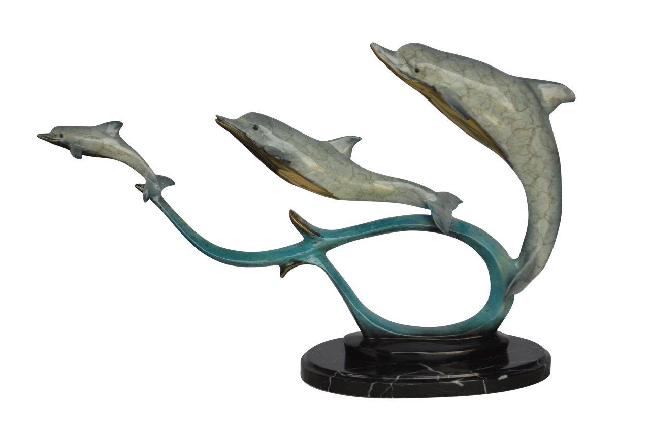 Three dolphins swimming bronze state - Size: 26"L x 7"W x 16"H.