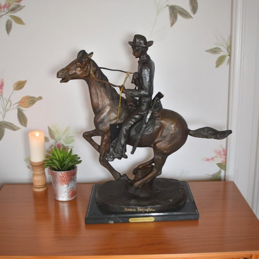 Nifao Trooper of the Plains Bronze Statue by Remington - Cowboy Sculpture on Marble Base, 9"L x 22"W x 22"H
