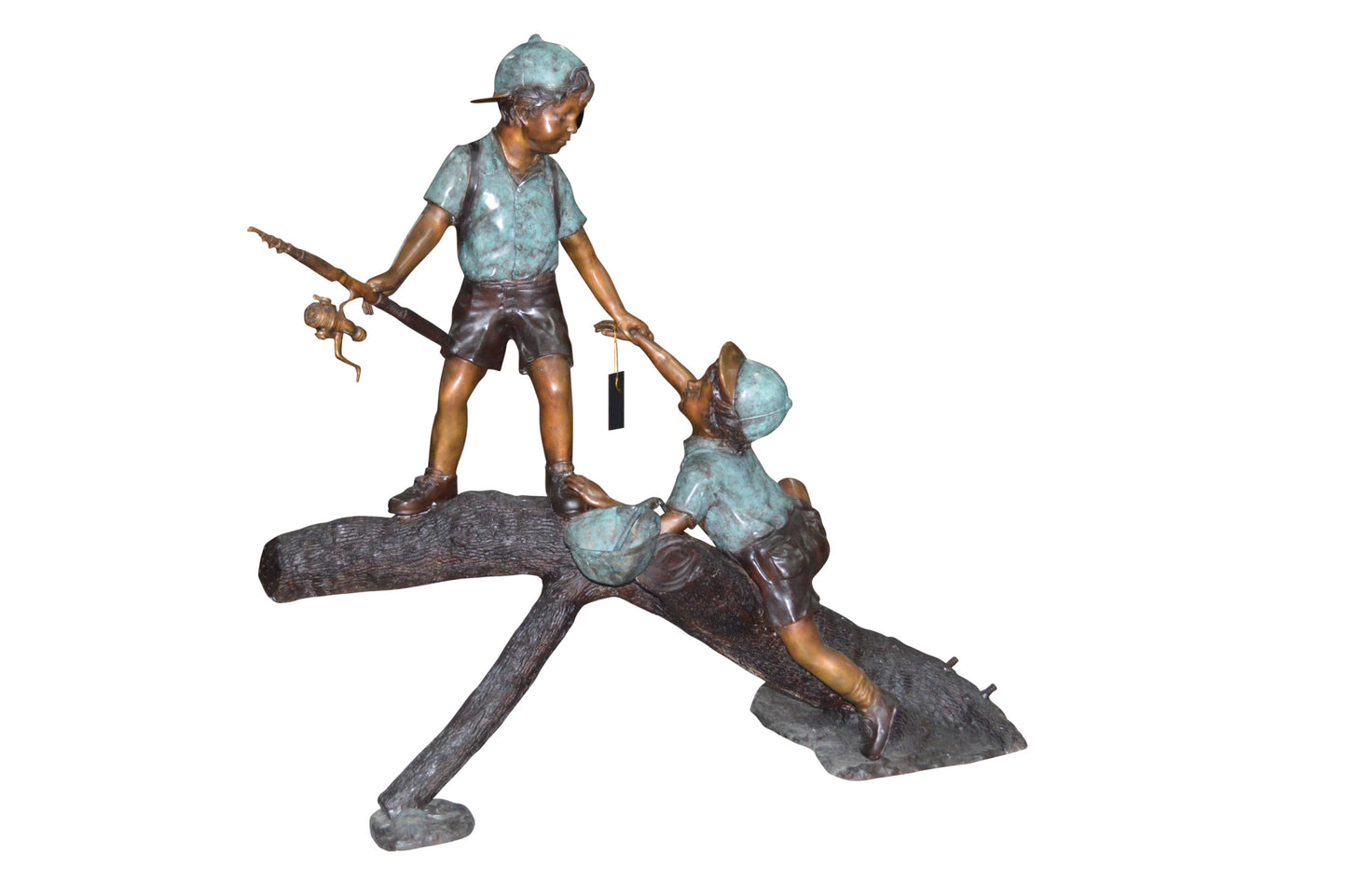 Two Boys Fishing on Tree Log Bronze Fountain - Size: 53"L x 25"W x 47"H.