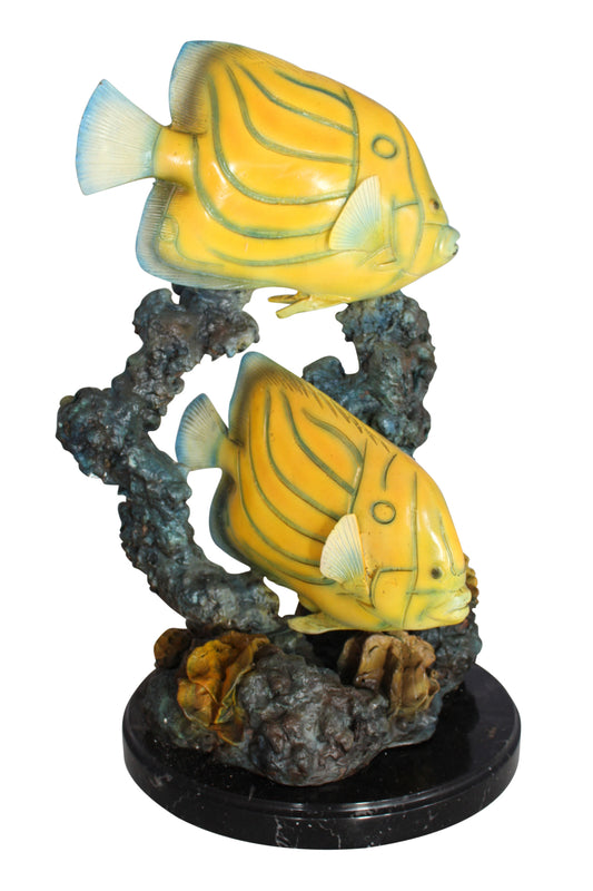 Two Butterfly fish swimming bronze statue - Size: 12"L x 12"W x 24"H.