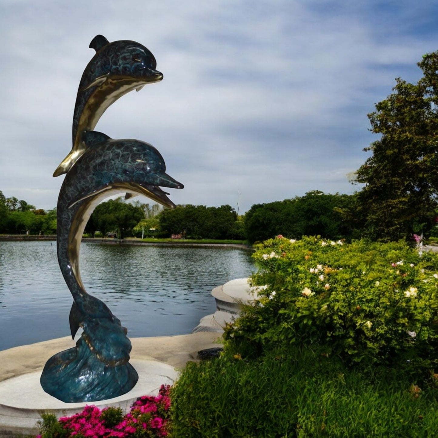 Two Dolphins Overreach Others on Waves Bronze Statue - 44"L x 23"W x 76"H.