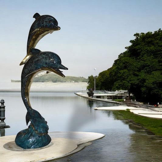 Two Dolphins Overreach Others on Waves Bronze Statue - 44"L x 23"W x 76"H.