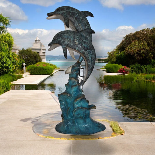 Two Dolphins fountain Bronze Statue - Size: 22"L x 12"W x 46"H