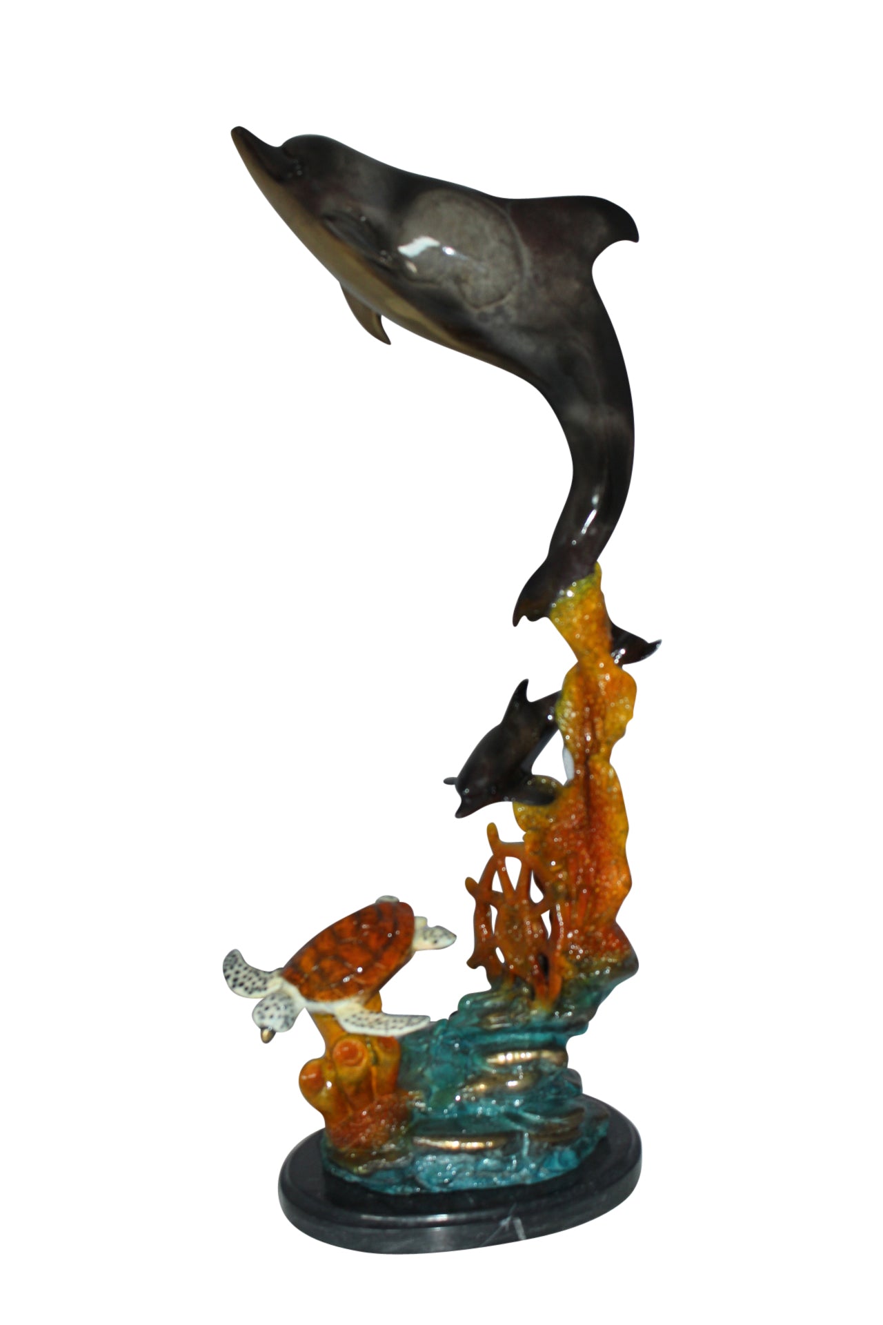Two Dolphins with Turtle bronze statue - Size: 14"L x 8"W x 28"H.