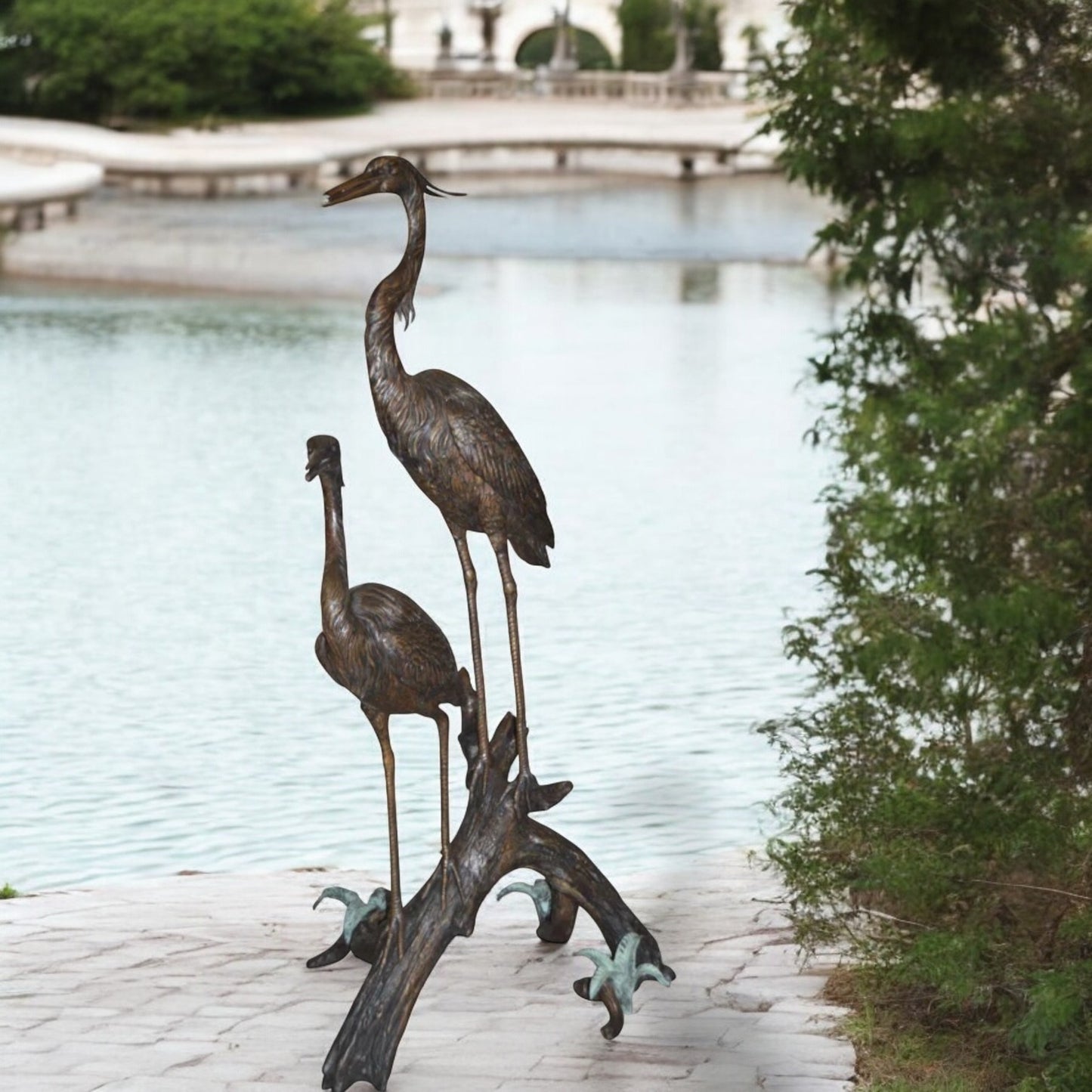 Two Herons on a three Bronze Fountain Statue - Size: 32"L x 24"W x 67"H.