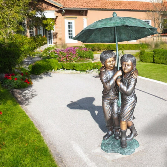 Two Kids Holding an Umbrella - Bronze Statue - Fountain - 30"L x 30"W x 52"H.