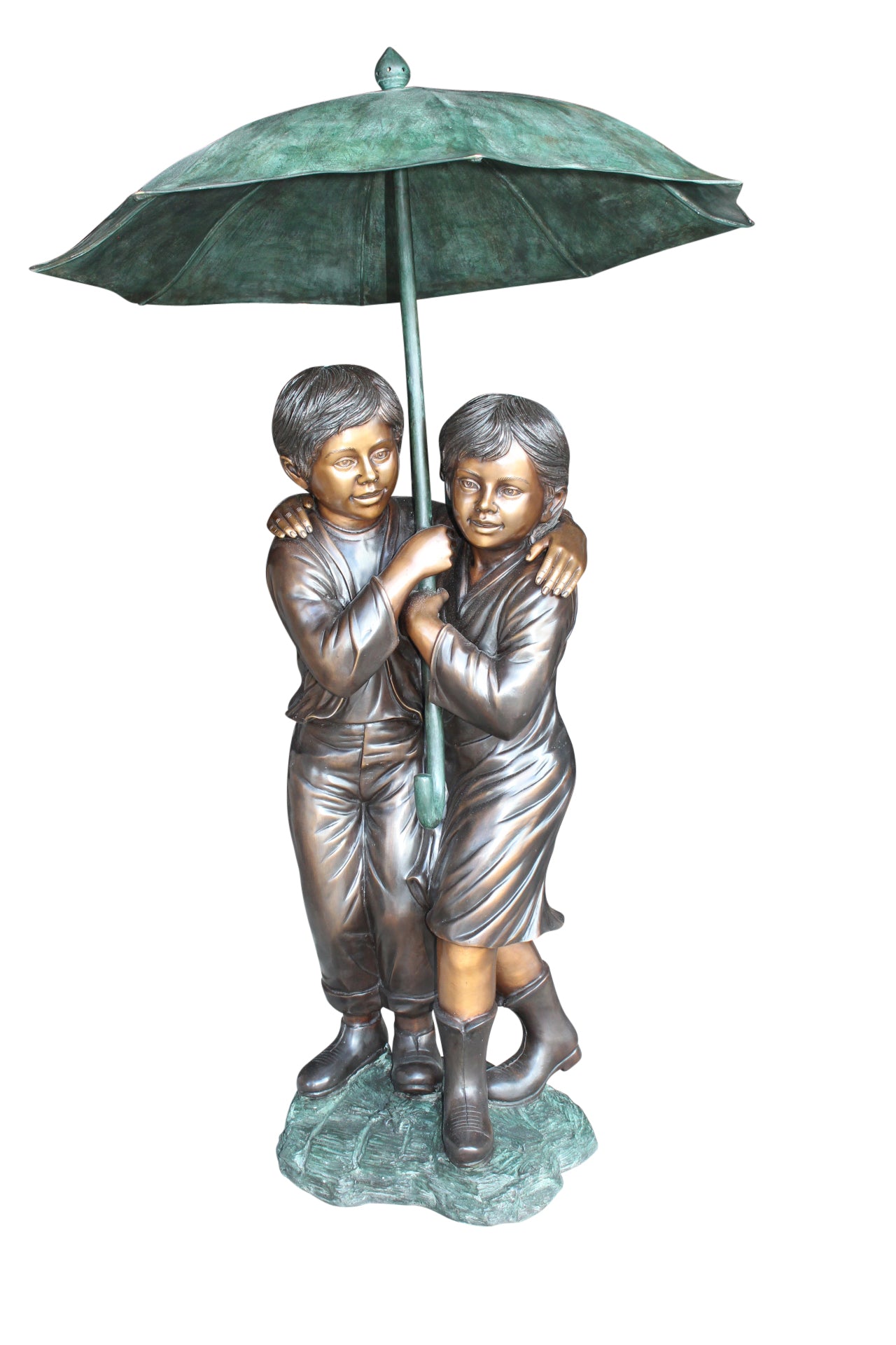 Two Kids Holding an Umbrella - Bronze Statue - Fountain - 90"L x 34"W x 90"H.
