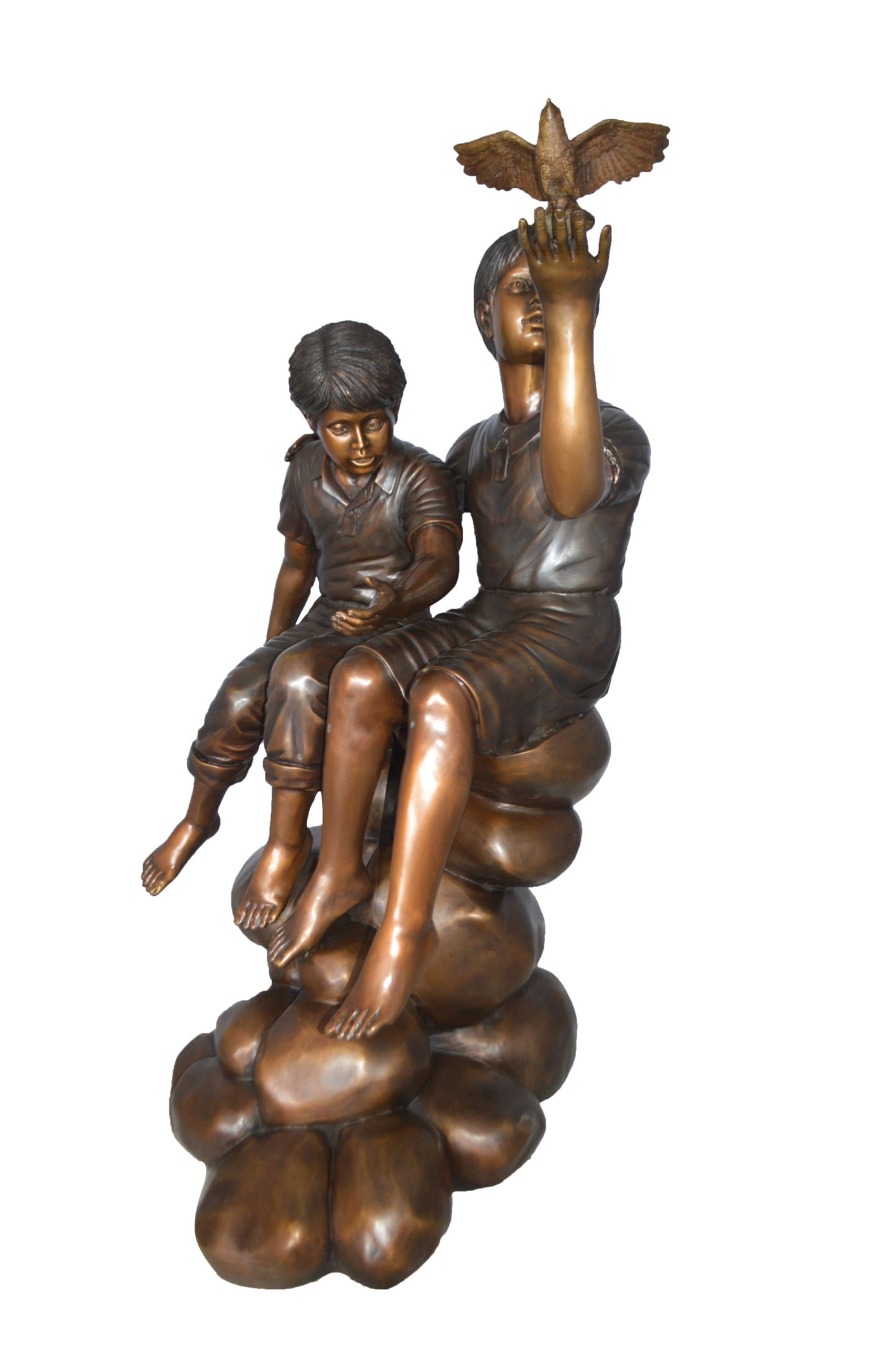Two Kids on Rocks with a Bird Bronze Statue - Size: 36"L x 30"W x 44"H.