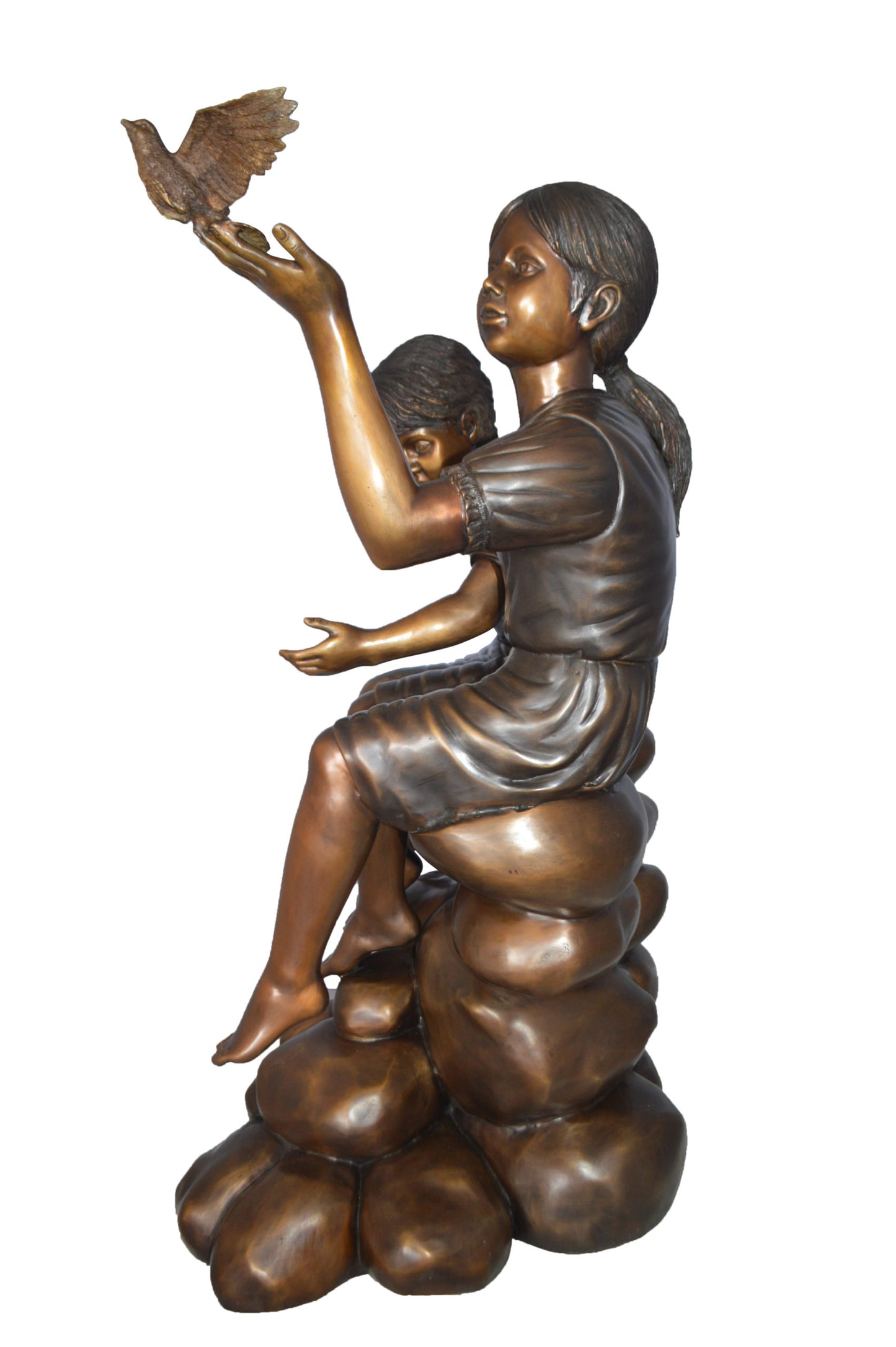 Two Kids on Rocks with a Bird Bronze Statue - Size: 36"L x 30"W x 44"H.