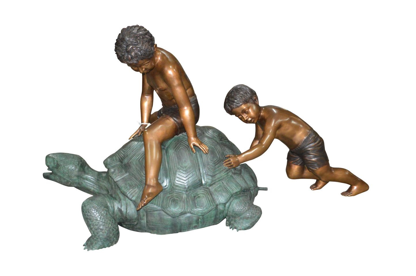 Two Kids on a Giant Turtle Bronze Fountain - Size: 23"L x 60"W x 33"H.