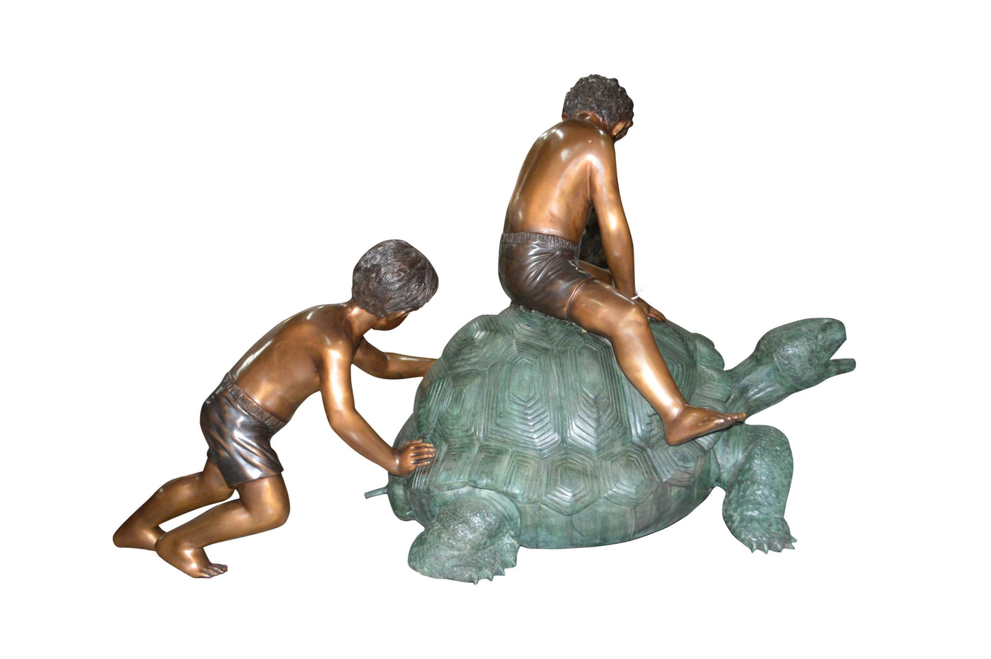 Two Kids on a Giant Turtle Bronze Fountain - Size: 23"L x 60"W x 33"H.