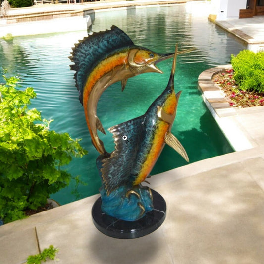 Two Sailfish Fish Bronze Statue Bronze Statue - Size: 20"L x 16"W x 34"H.