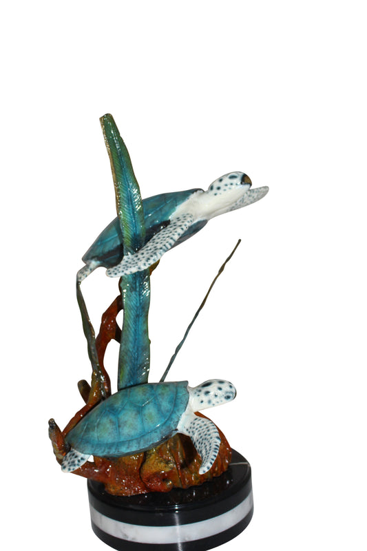Two Sea Turtles Swimming Bronze Statue - Size: 17"L x 9"W x 20"H.