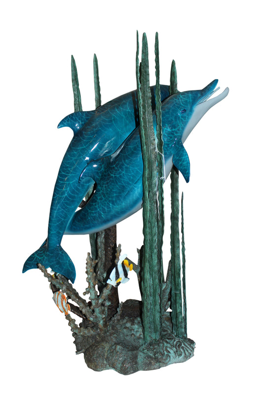 Two dolphins w small fish fountain Bronze Statue - Size: 33"L x 30"W x 42"H.