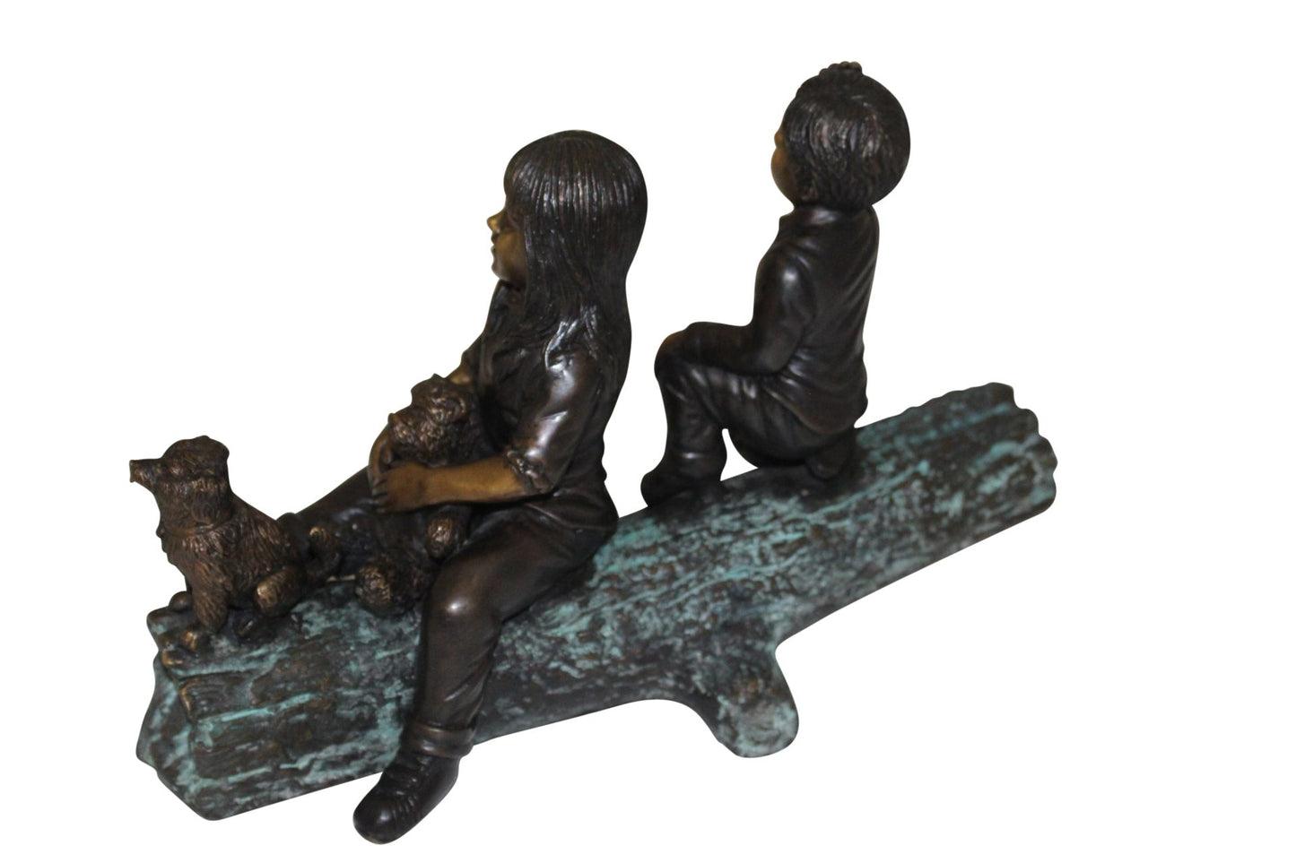Two kids with dog on log Bronze Statue - Size: 12"L x 5"W x 8.5"H.