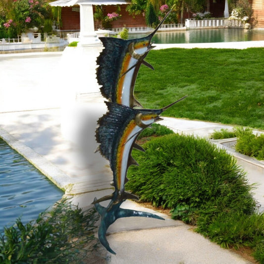 Two - large Sailfish fish Bronze Statue - Size: 30"L x 43"W x 79"H.