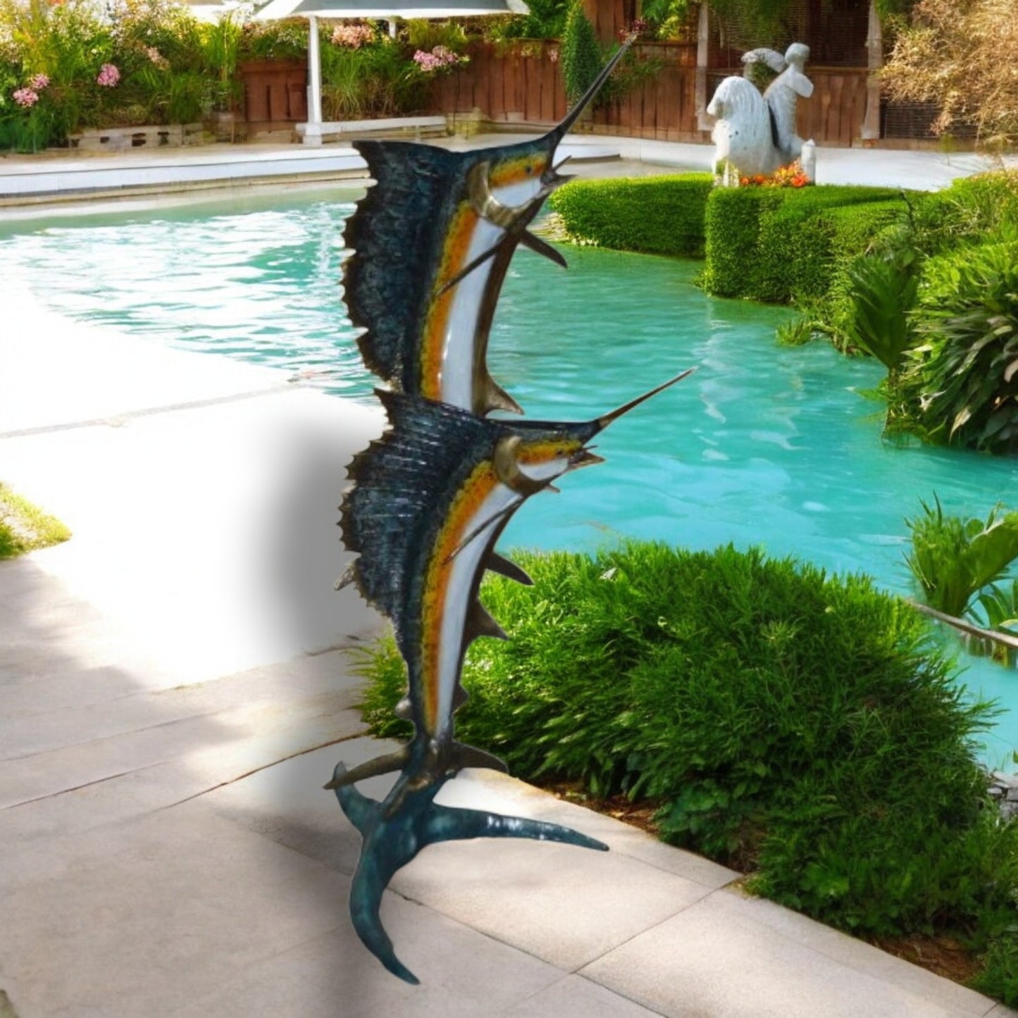 Two - large Sailfish fish Bronze Statue - Size: 30"L x 43"W x 79"H.