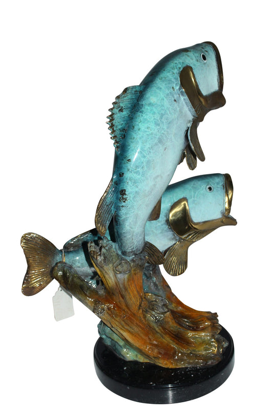 Two largemouth bass fish Bronze Statue - Size: 17"L x 10"W x 24"H.