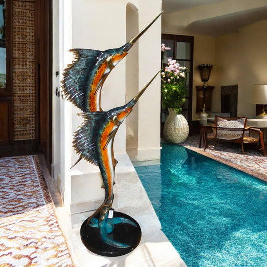 Two Sailfish 56"H Bronze Statue On A Marble Base