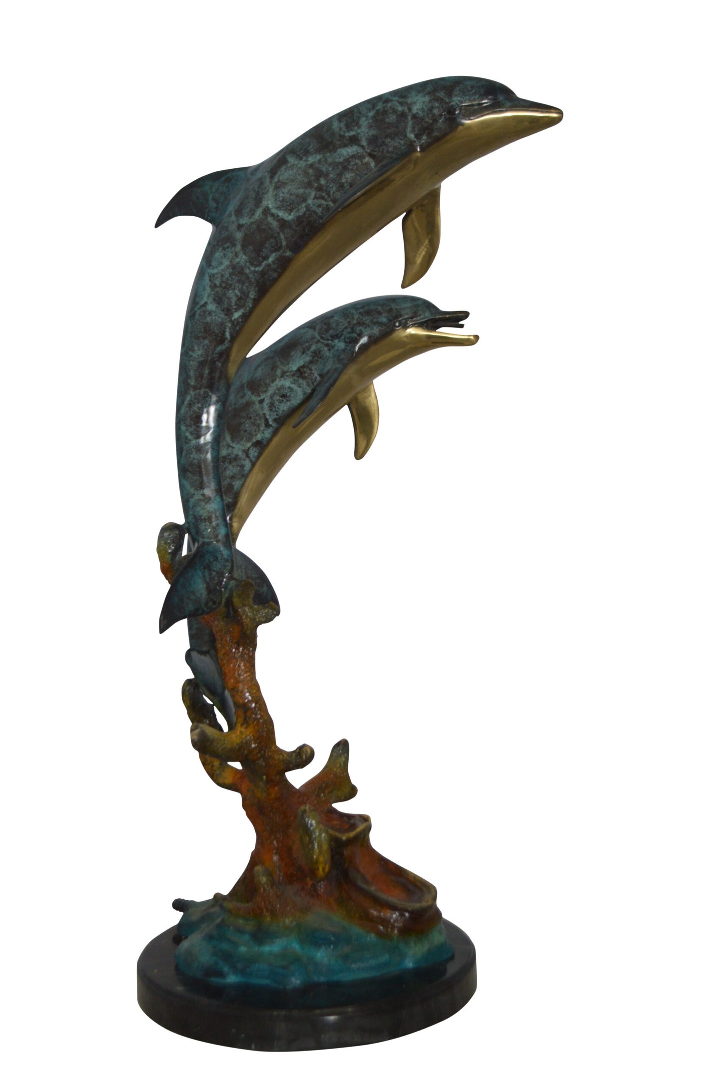 Two Dolphins fountain Bronze Statue on a marble - Size: 19"L x 15"W x 36"H.