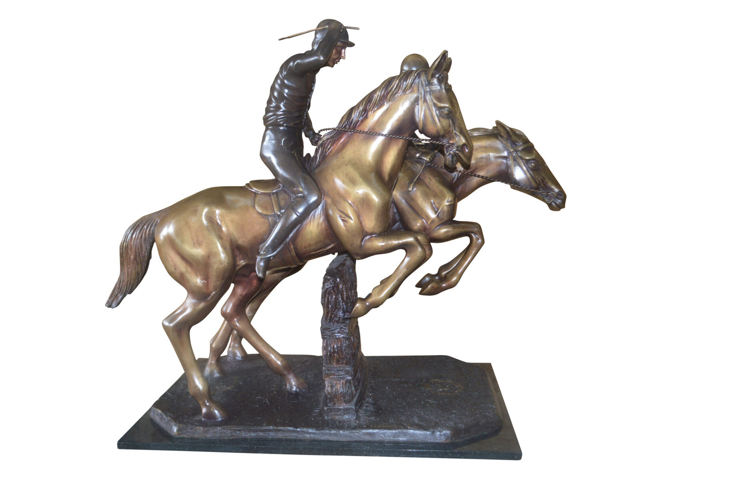 Two Horse Riders Racing Each Other Bronze Statue - Size: 45"L x 21"W x 42"H.