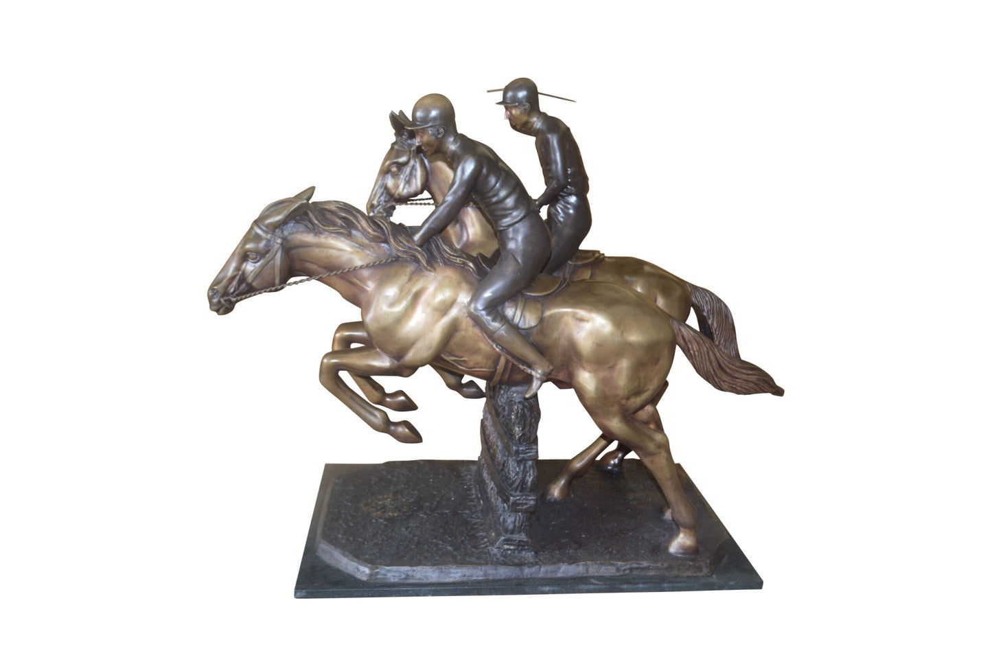 Two Horse Riders Racing Each Other Bronze Statue - Size: 45"L x 21"W x 42"H.