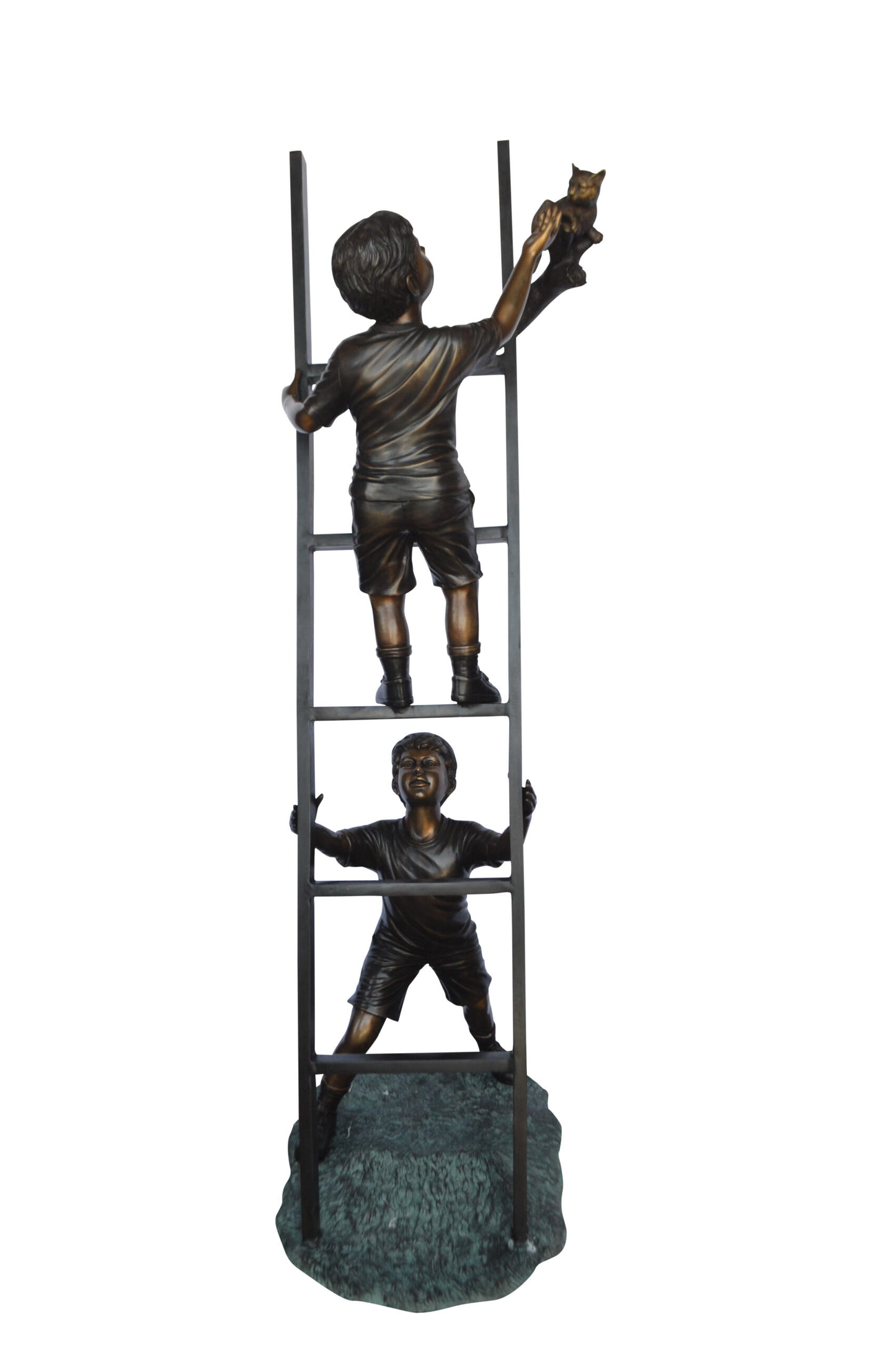 Two Kids Climb a Ladder Saving a Cat Bronze Statue - Size: 35"L x 24"W x 81"H.