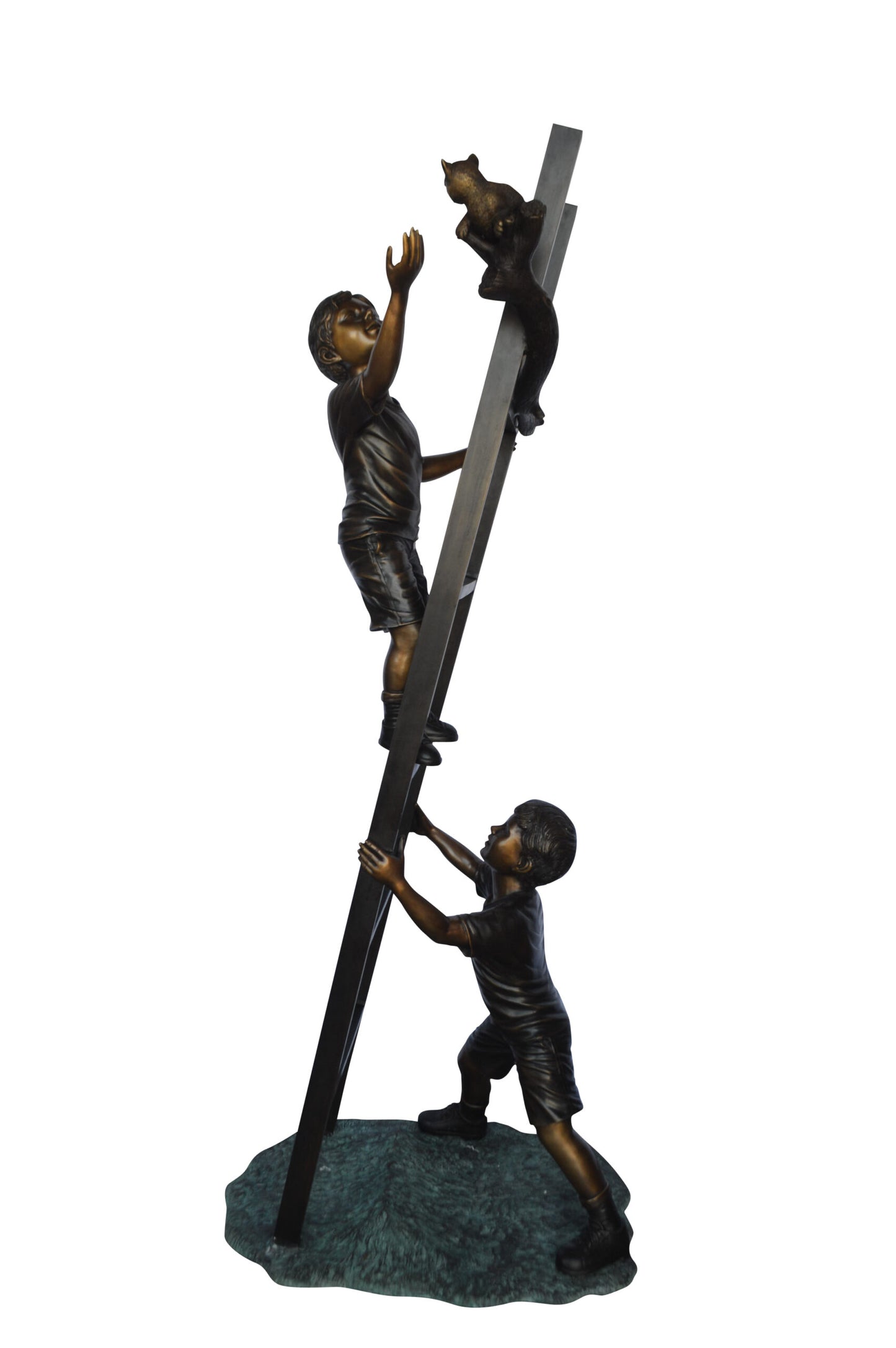 Two Kids Climb a Ladder Saving a Cat Bronze Statue - Size: 35"L x 24"W x 81"H.