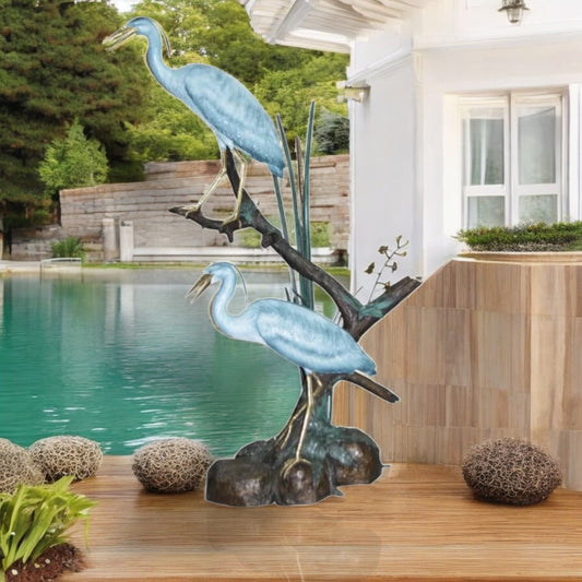 Two Large Cranes Fountain Bronze Statue -  Size: 36"L x 21"W x 64"H.